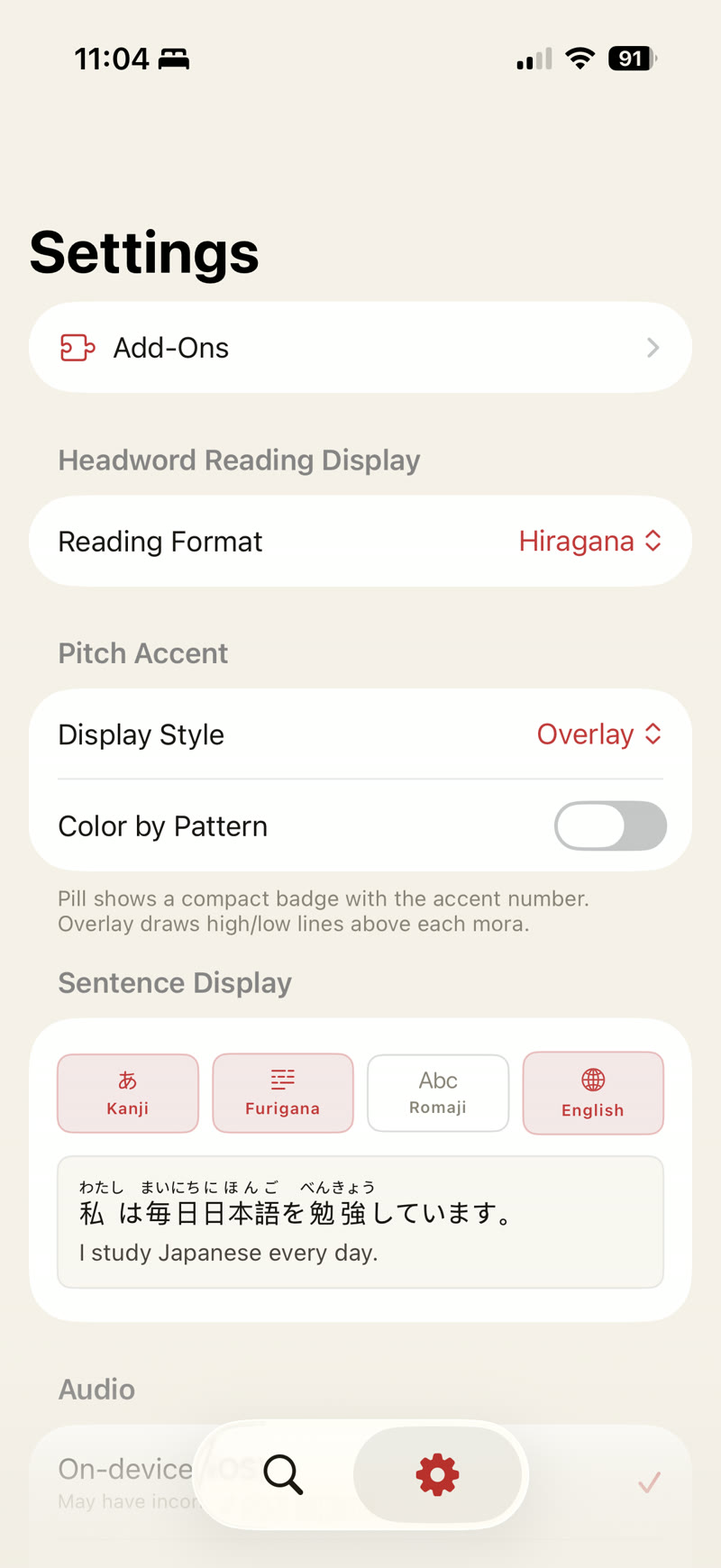 Nichi settings for pitch accent display and example sentences with furigana