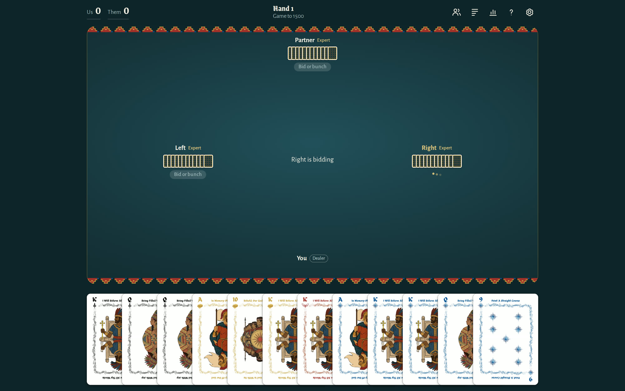 A four-player pinochle table in the browser during bidding, with a hand of illustrated cards