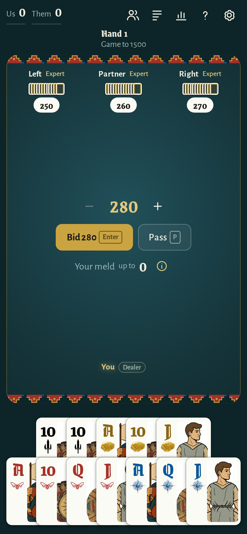 Bidding 280 on a phone, with the other players' bids shown above